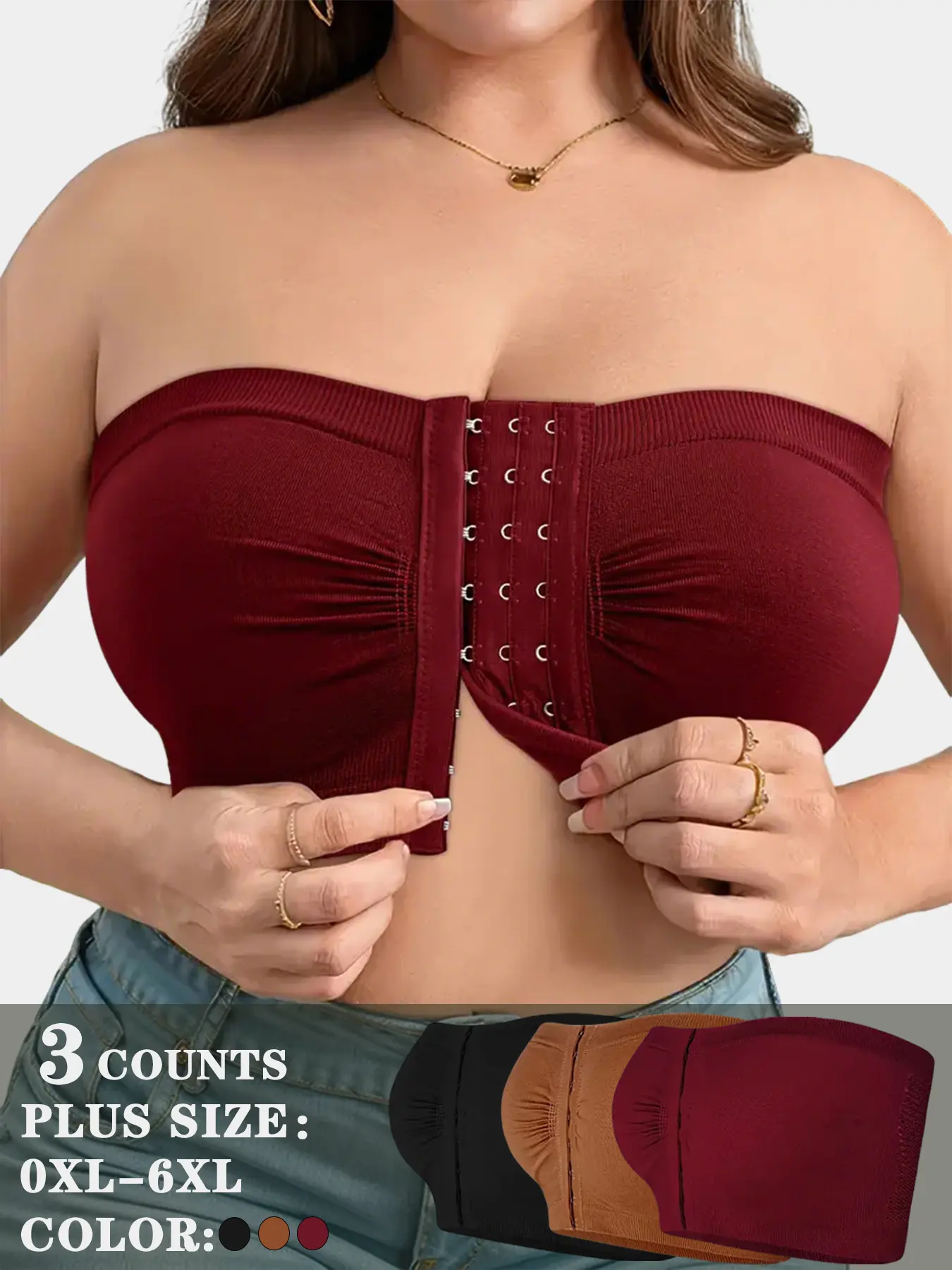 3/4/5pcs Plus Size Wireless Bralette, Front Buckle Design, Strapless Backless Top, Comfortable & Breathable, Perfect for Dresses, Breathable Bras