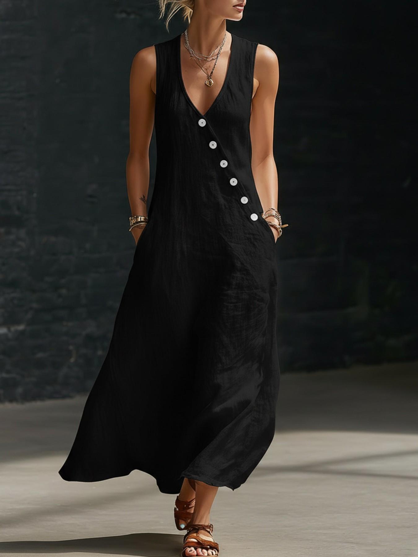 2026 Spring Summer Tiktok Cross-Border Lazy Style Basic Casual Boho Chic Wear V-Neck Button Long Dress, Sleeveless Backless Dress for Women