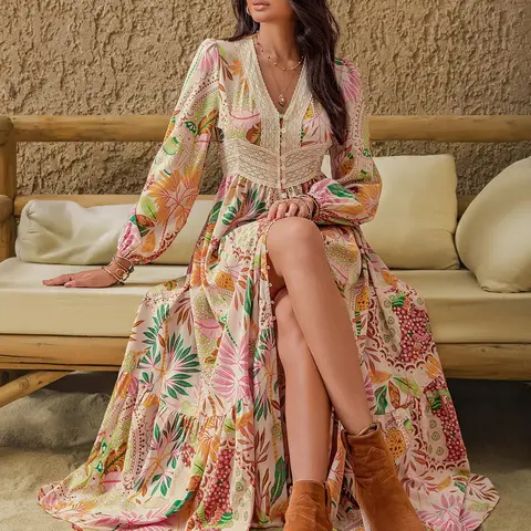Women's Leaf Print Contrast Lace Button-Front Split Thigh Dress, Elegant Boho Bohemian Bishop Sleeve V-Neck Ruffle Hem Fitted Long Dress for Vacation, Casual Boho Elegant, Ladies Fall & Winter Clothes, Boho Style Clothes, Elegance