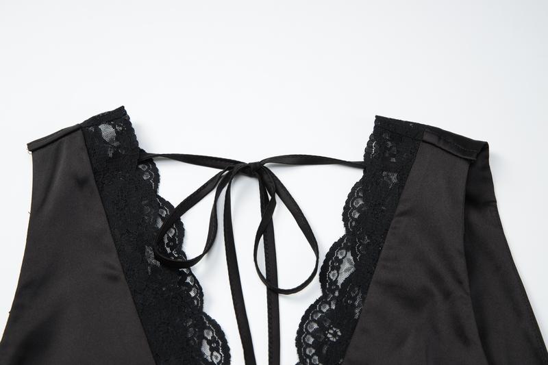 Women's Satin Lace Trim V Neck Solid Bodycon Tank Dress, Sexy Backless Lace-up Plain Slim Fit A-line Black Maxi Dress, Party Club Date Evening Gown Holiday Beach Vacation Daily Elegant Casual Tie-back Long Dresses For Ladies Summer Fashion Clothes Wear