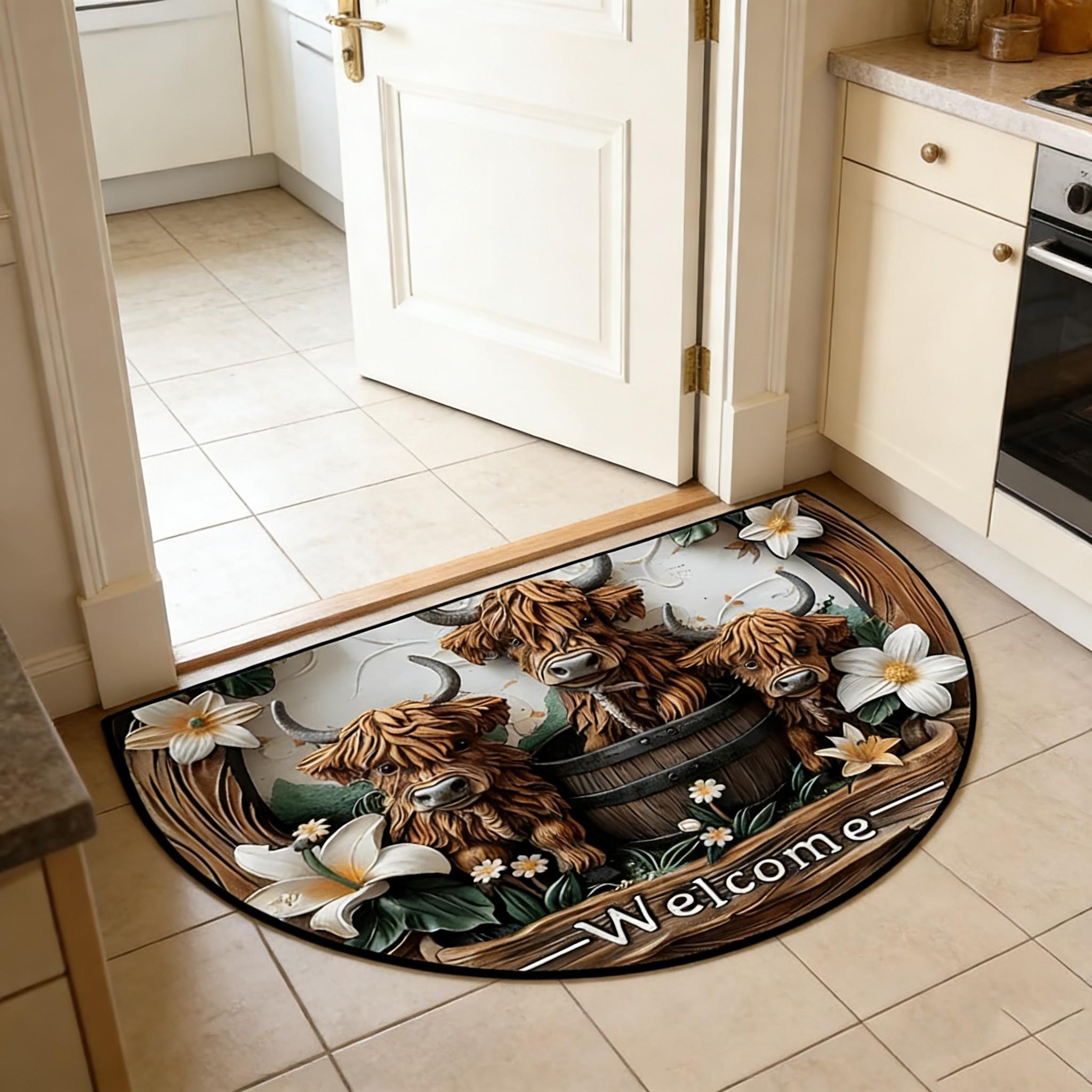 Half Round Welcome Door Mat, Vintage American Style Highland Cow Rug, Indoor Entrance Hall Carpet, Durable Fabric, Suitable for Living Room Bedroom