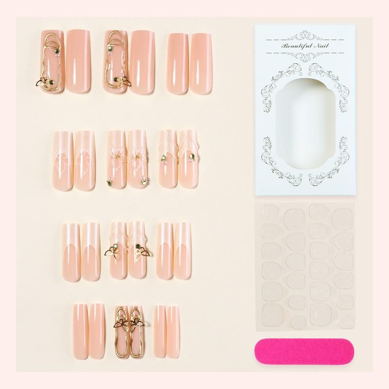 Nude Sheer French Press On Nails, 3D Milky White Shell Texture Carving, Gold Outline Wire, Butterfly & Flower Accents with Green Rhinestones and Pearls, Luxurious Elegant Long Trapezoid Removable False Nails with Jelly Glue and Nail File