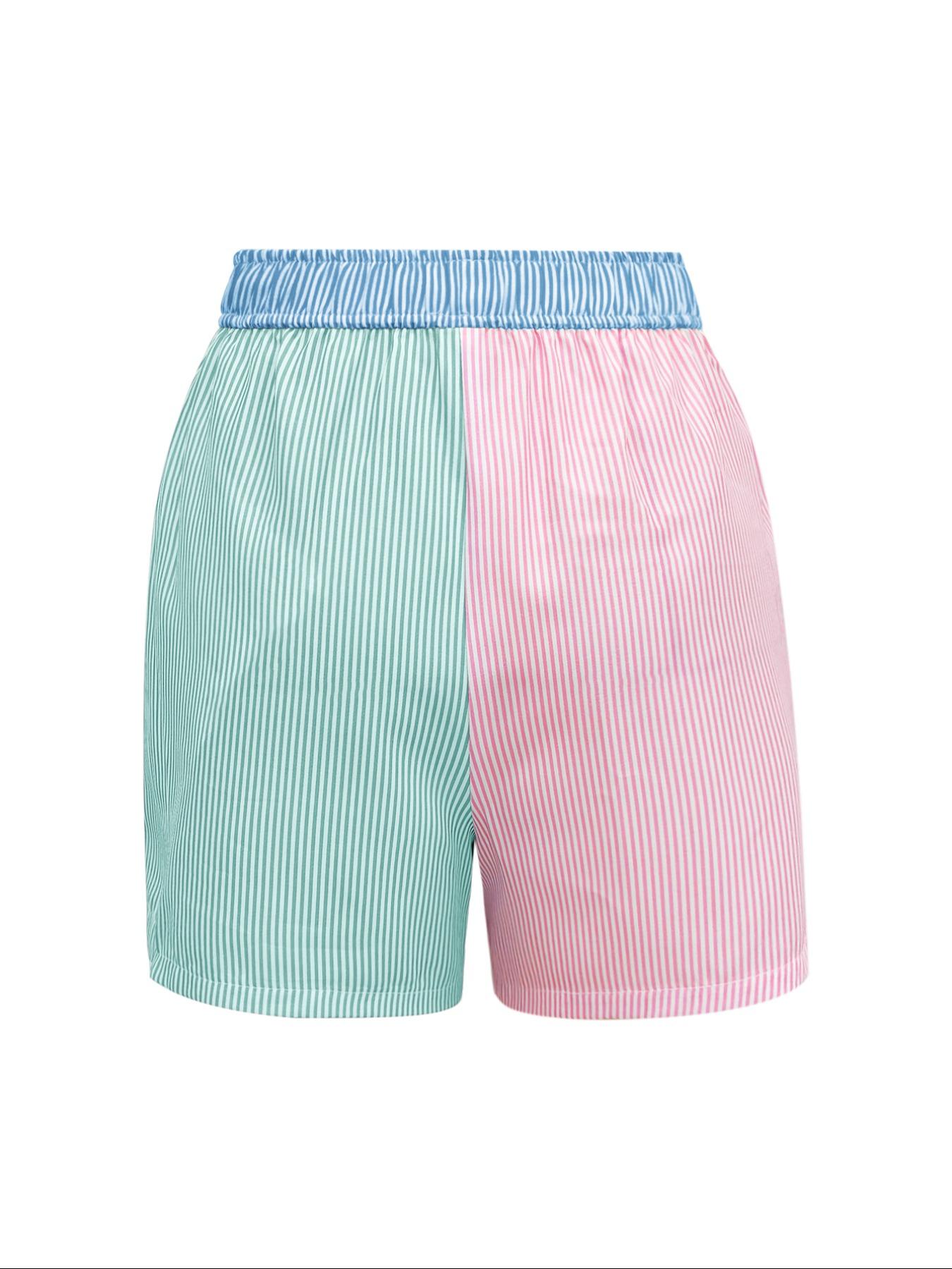 Women's Patchwork & Striped Print Elastic Waist Shorts, Casual Letter Patched Shorts, Women's Bottoms for Daily Wear