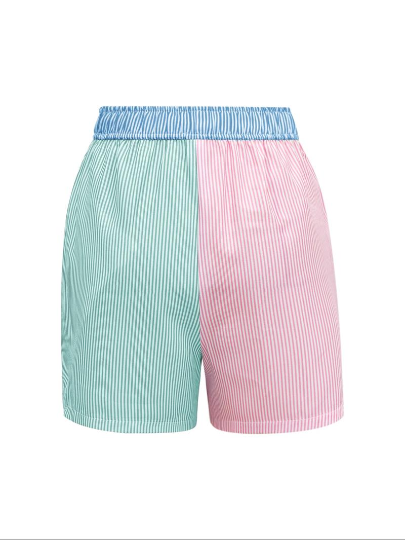 Women's Patchwork & Striped Print Elastic Waist Shorts, Casual Letter Patched Shorts, Women's Bottoms for Daily Wear