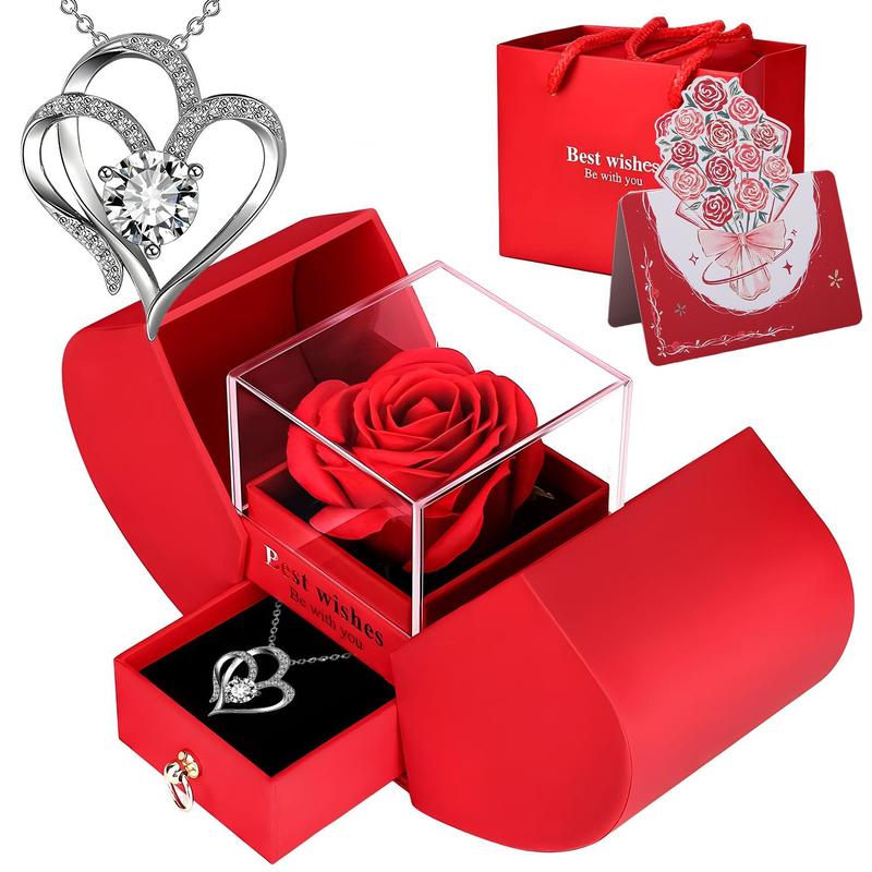 Rose Party Gift Box with Love Heart Necklace, 1 Set Romantic Rose Gift Box with “I Love You” Jewelry Necklace, Gift for Mom, Wife or Girlfriend, Birthday Gift