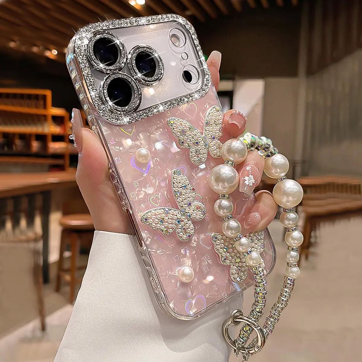 Compatible with iPhone 18 PRO MAX/18 PRO/18/17 Pro Max/ 16/15/14/13/12 Pearl Bow Wristband Phone case for women -HN625-5