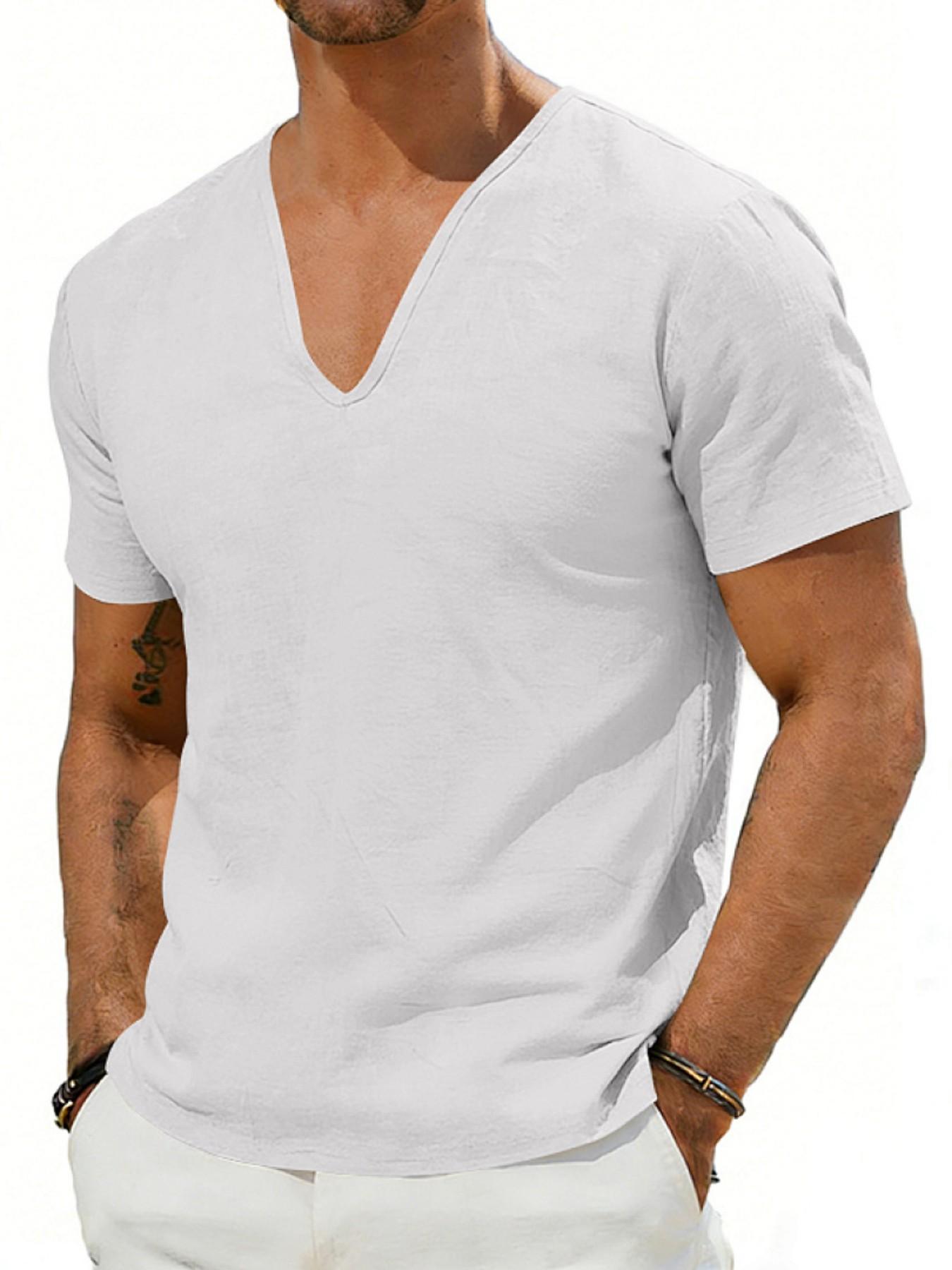 Men's Summer Loose Fit Linen T-Shirt, Breathable Deep V Design, Casual Short Sleeve Top, American Style, Cross-Border Fashion