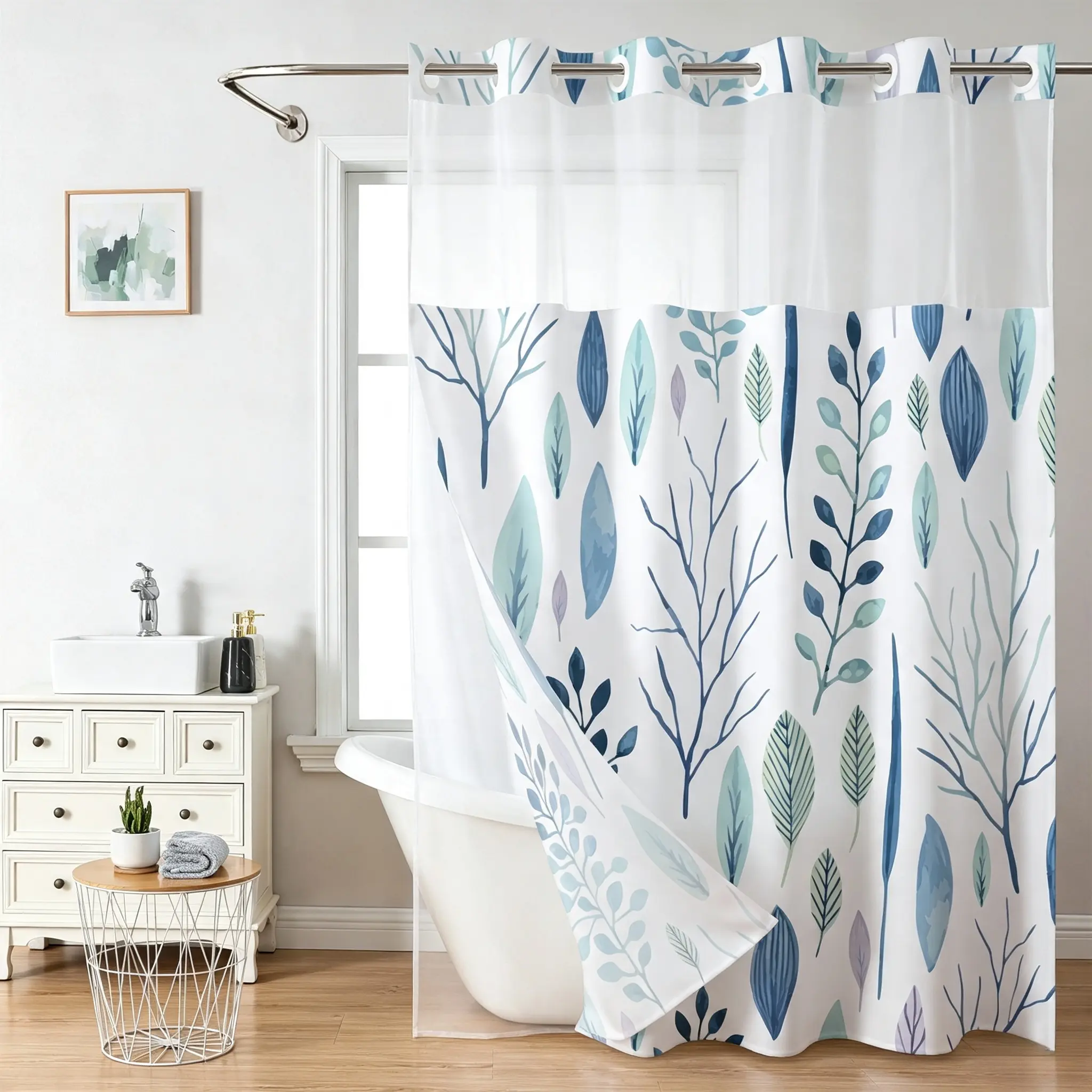 Hookless Ink Wash Floral Double Layer Shower Curtain, 71x74 Inch Fresh Farmhouse Style Bathroom Decor Accessory, Hookless Shower Curtain, Shower Curtains