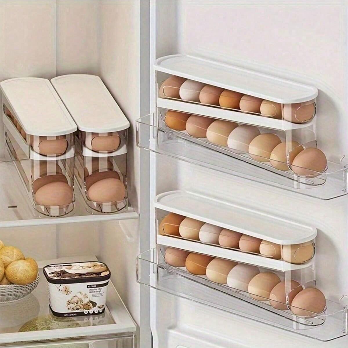 Double-Layer Refrigerator Egg Tray, Rolling Egg Dispenser, Automatic Repositioning, Transparent Plastic Storage Container, Space-Saving, Fridge Organizer, Refrigerator Accessories