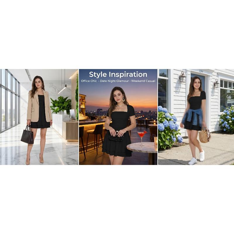 Women's Casual Square Neck Mini Dress - Short Sleeve Ruffle Hem A-Line Party Dress with Pockets