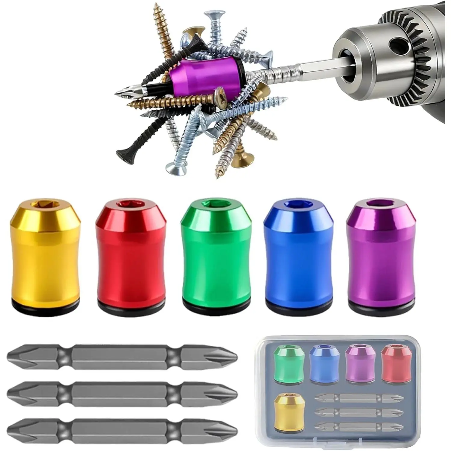 5PCS Strong Magnetic Screw Rings ，3PCS Magnetic Screwdriver，Removable Magnetic Screwdriver Drill Bit Holder for Hex Screwdrivers and Electrician Impact Drills Power, DIY Tool Accessories
