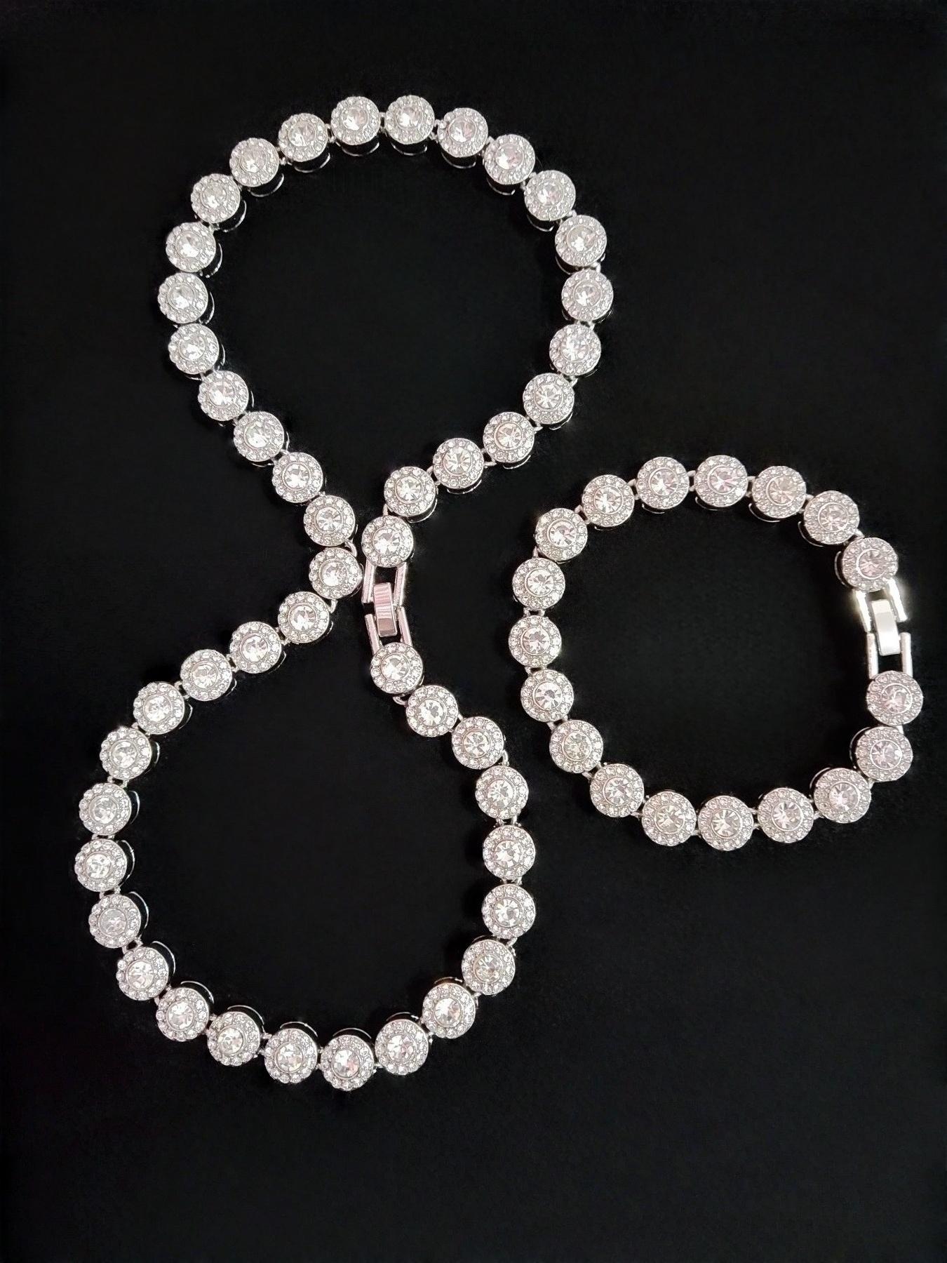 Men Women Hip Hop Round Necklace Bracelet Set, Punk Fashion Jewelry Gift, Zinc Alloy Synthetic Gemstone, Unisex Accessory, Fashionable Jewelry Set