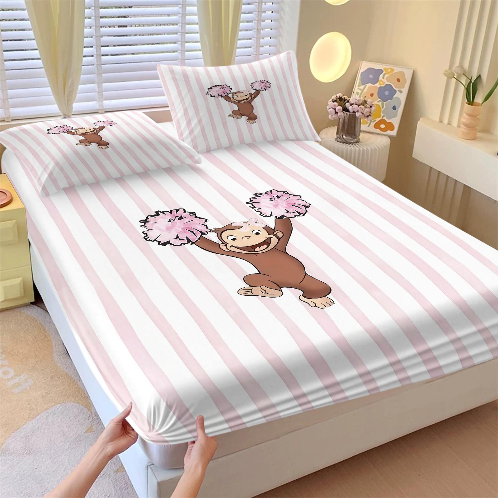 3 Piece Curious George Fitted Sheet Set, 1 Fitted Sheet + 2 Pillowcases, Cute Cartoon Monkey Biking Summer Adventure Bedding, Kids Bedroom Decor for Boys Girls Teens, Ideal Gift for Curious George Fans