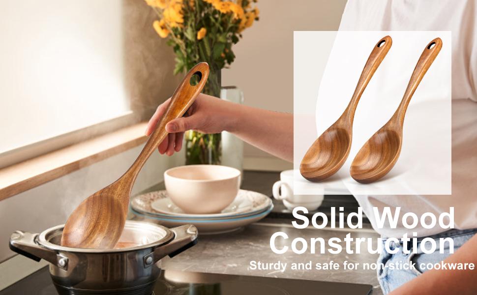 2 Pcs Large Wooden Spoons for Cooking Serving Mixing Kitchen Spoon Big Acacia Wood Utensils Set Teak Spatula Cooking Spoon Set Bamboo Baking Spoons Non Toxic Kitchen Tools Cooking Accessories
