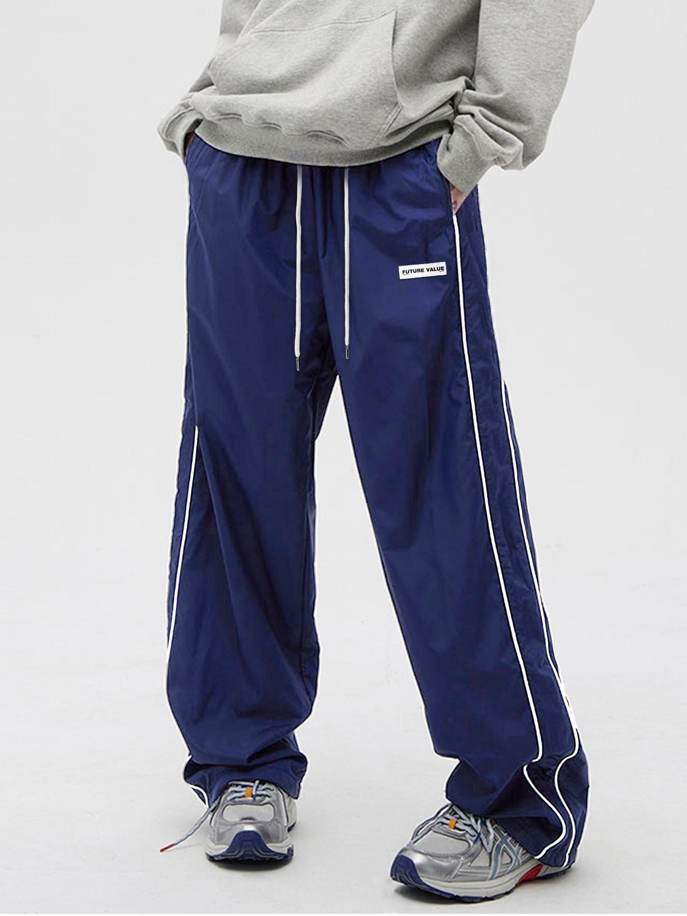 Men's Side Stripe Drawstring Waist Straight Leg Pants, Casual Pocket Letter Patched Trousers for Fall & Winter, Loose Menswear, Drippy Outfits