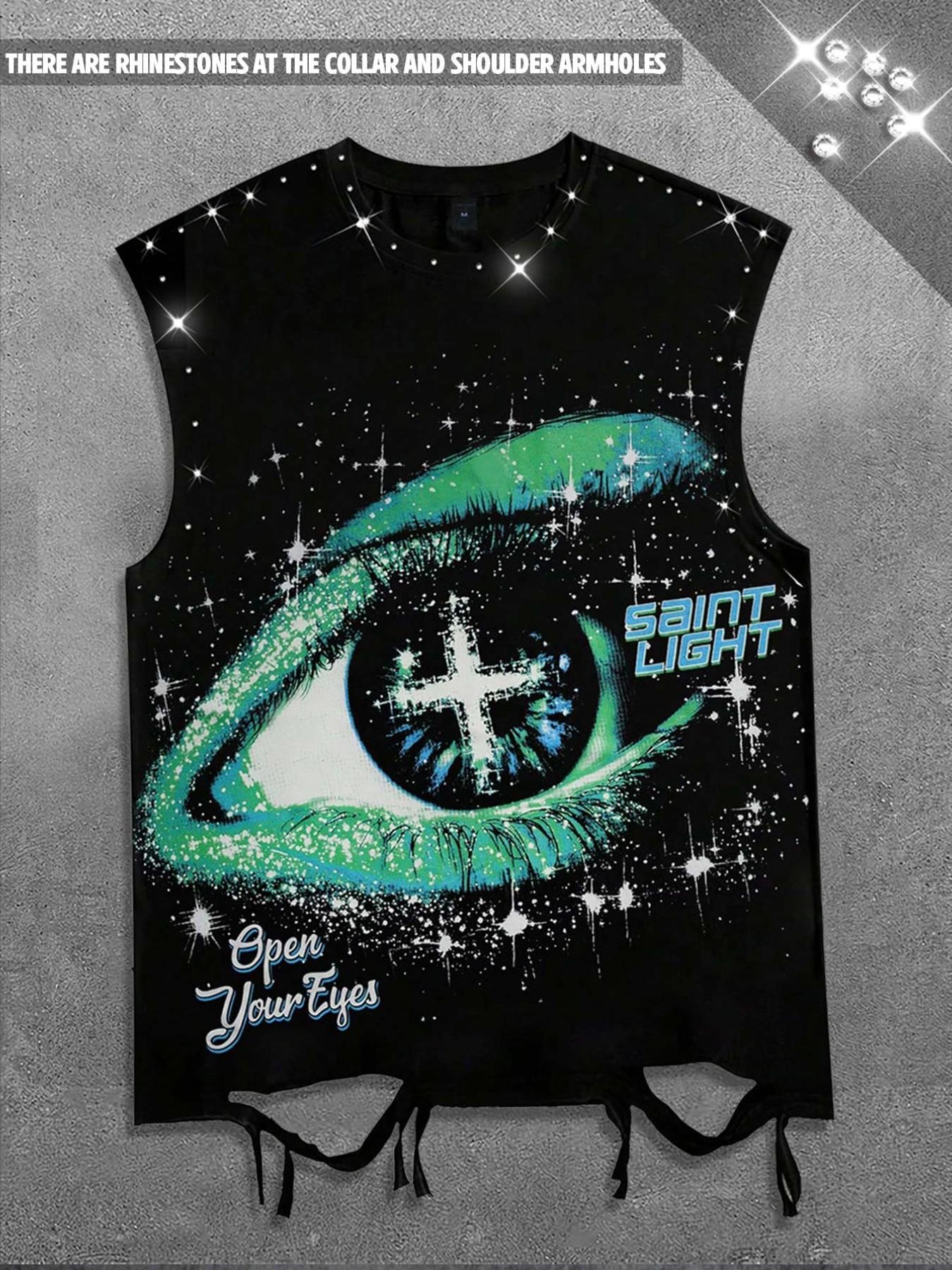 Diamond cotton vest with eye print vest for both men and women, burst hole trendy brand sleeveless t-shirt, European and American street casual fringe vest for men, 2026 summer clothing vest, Y2K style