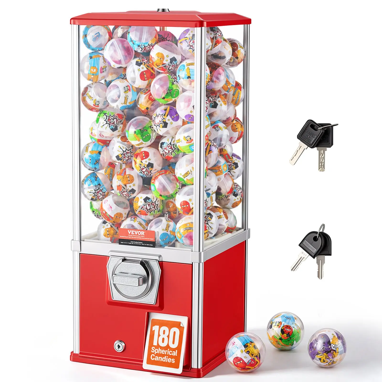 VEVOR Gumball Machine for Kids, 25" Height Home Vending Machine, PS Bouncy Balls Dispenser, Hold 230 Capsule Toys, Rectangle Bubble Gum Machine for Game Stores, Coin Operated Gumball Bank, Red