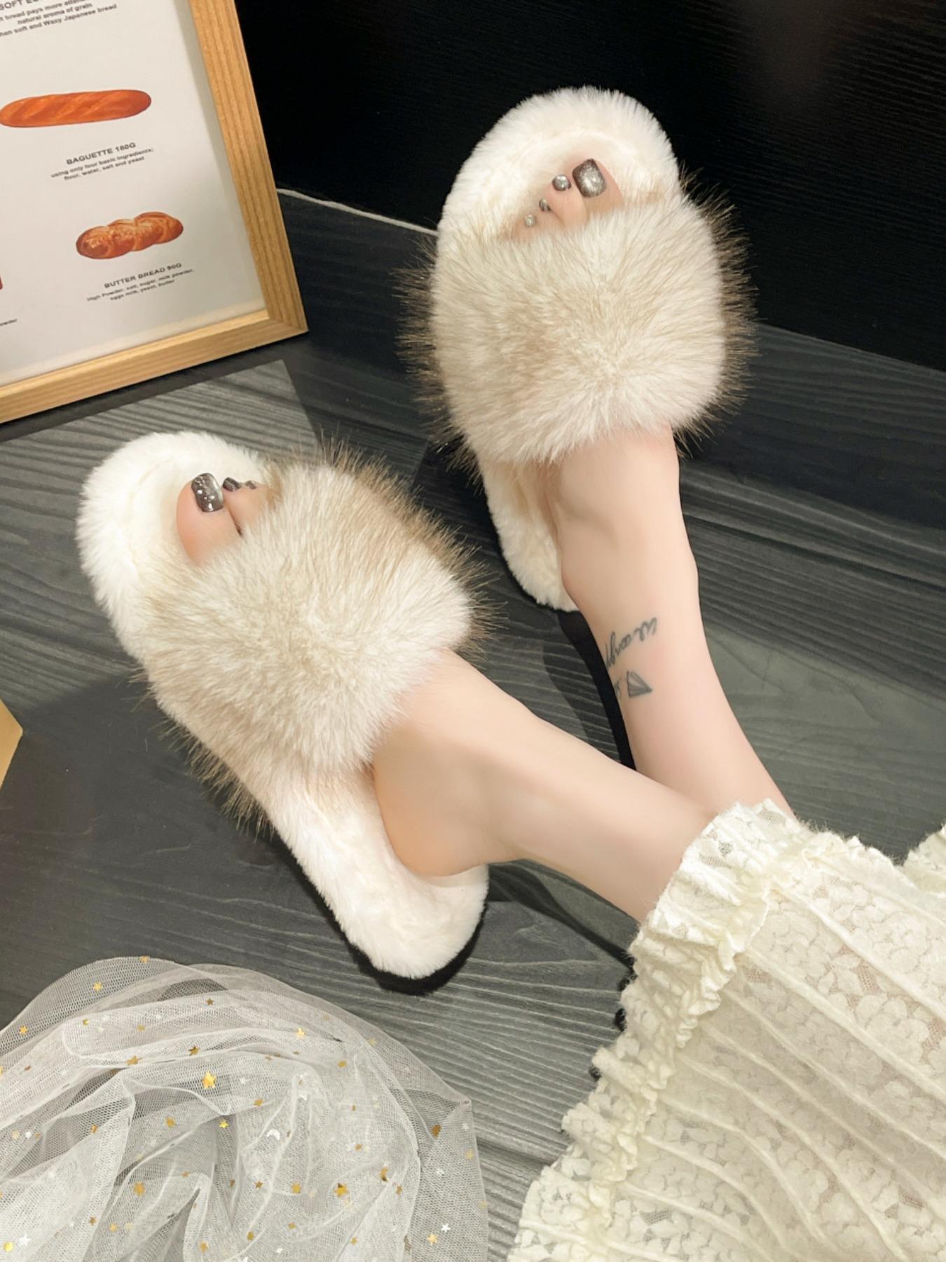 Pure Color Plush Slippers, Comfortable Soft Shoes for Women and Girls, Fashion Trendy Design, Open-Toe Wedding Shoes