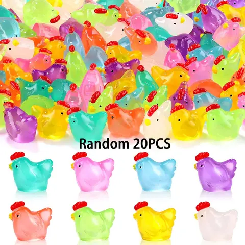 Luminous Mini Chicken Figurines, Cartoon Figurine, 20pcs/set Resin Miniature Animals, Tiny Glow in The Dark Chickens for Dollhouse, Decoration Items, Resin Animal Sculptures, Animal Decorations