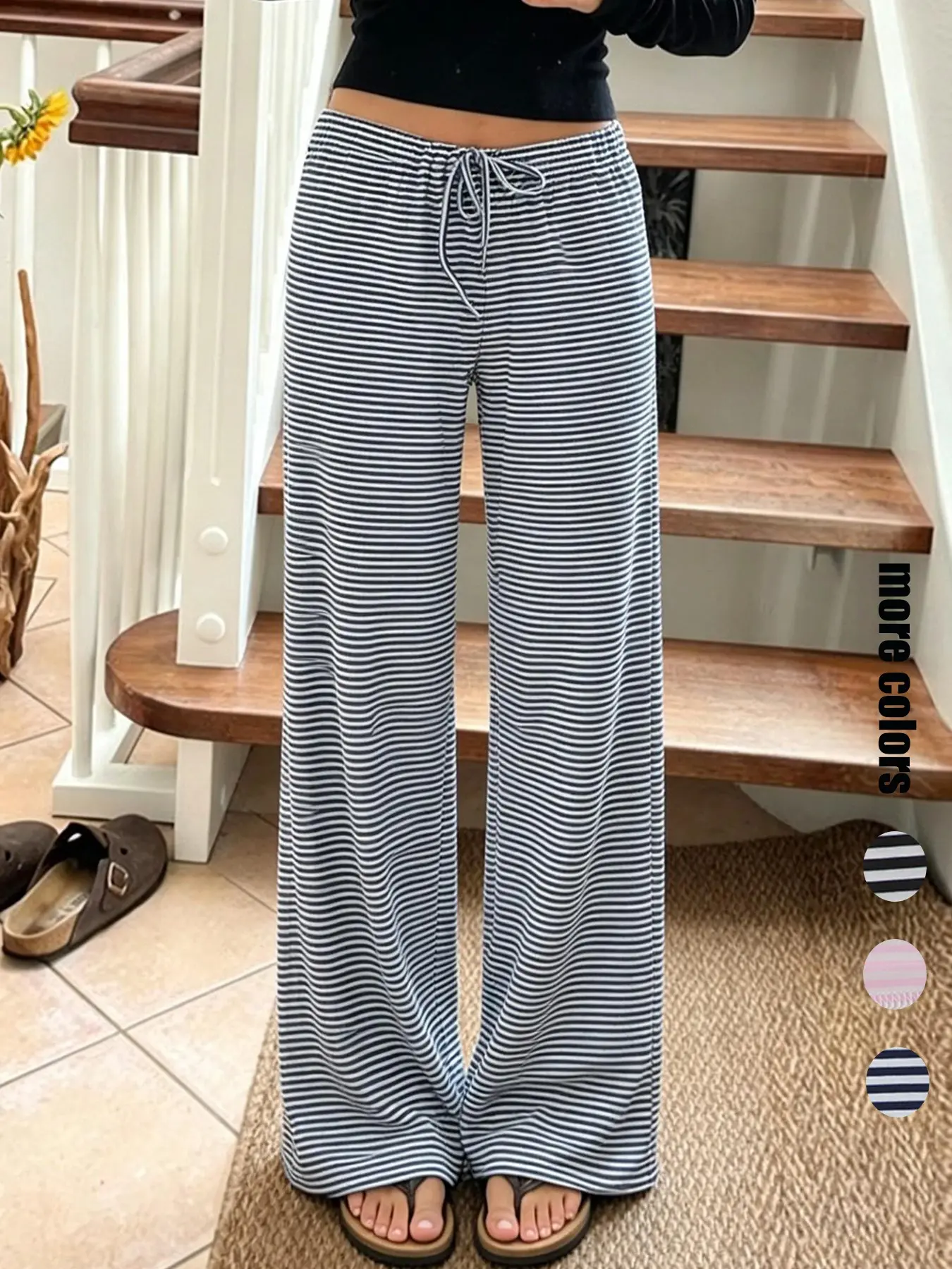 Women's Striped Print Tie Front Wide Leg Pants, Casual Comfy Soft Drop Waist Trousers for Summer, Fashion Women's Bottoms for Daily Wear
