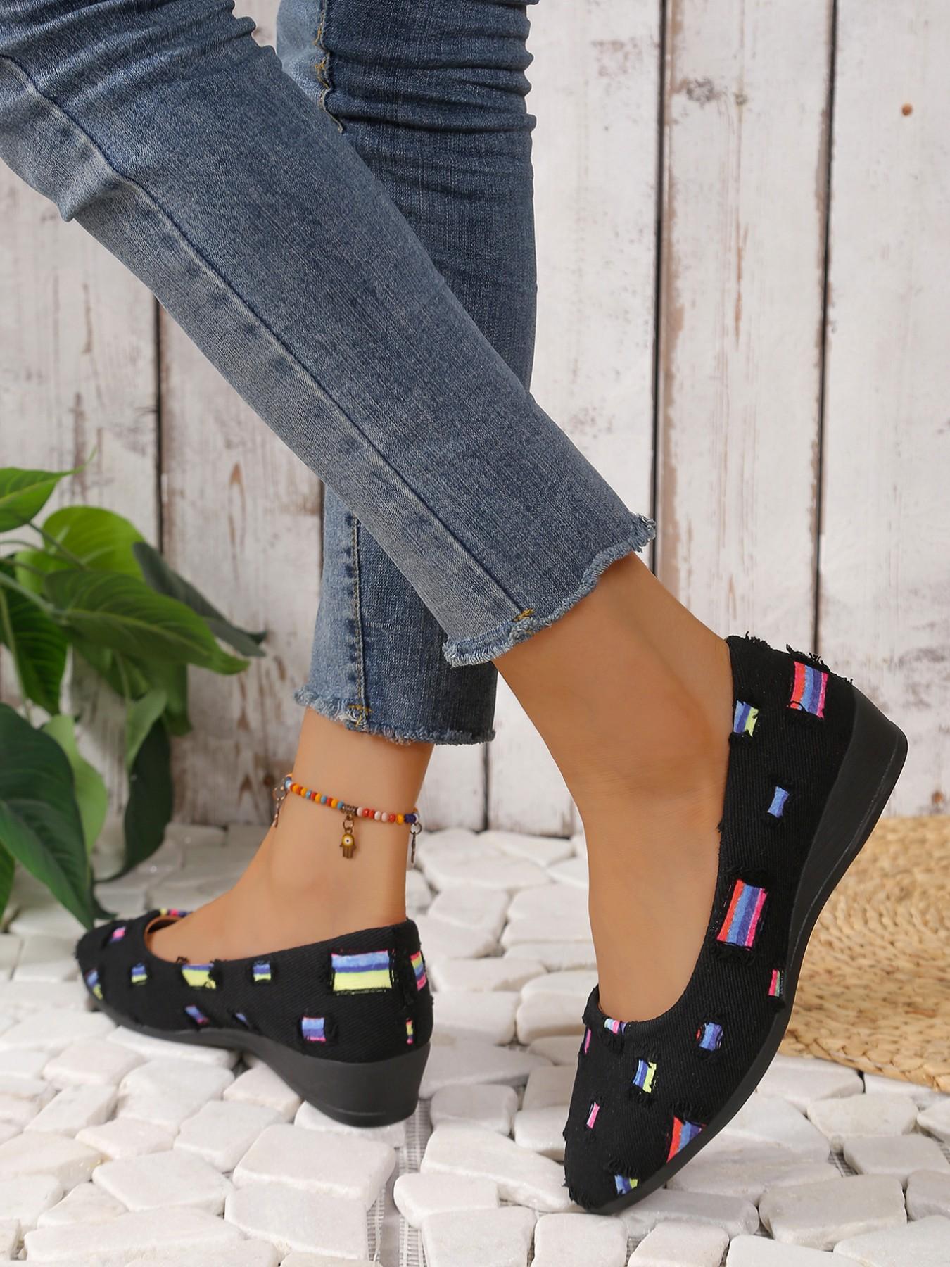 Women's Vintage Ripped Denim Wedge Sandals, Ditsy Floral Textile Upper, Rubber Sole, Casual All-Season Footwear, Breathable & Slip-On