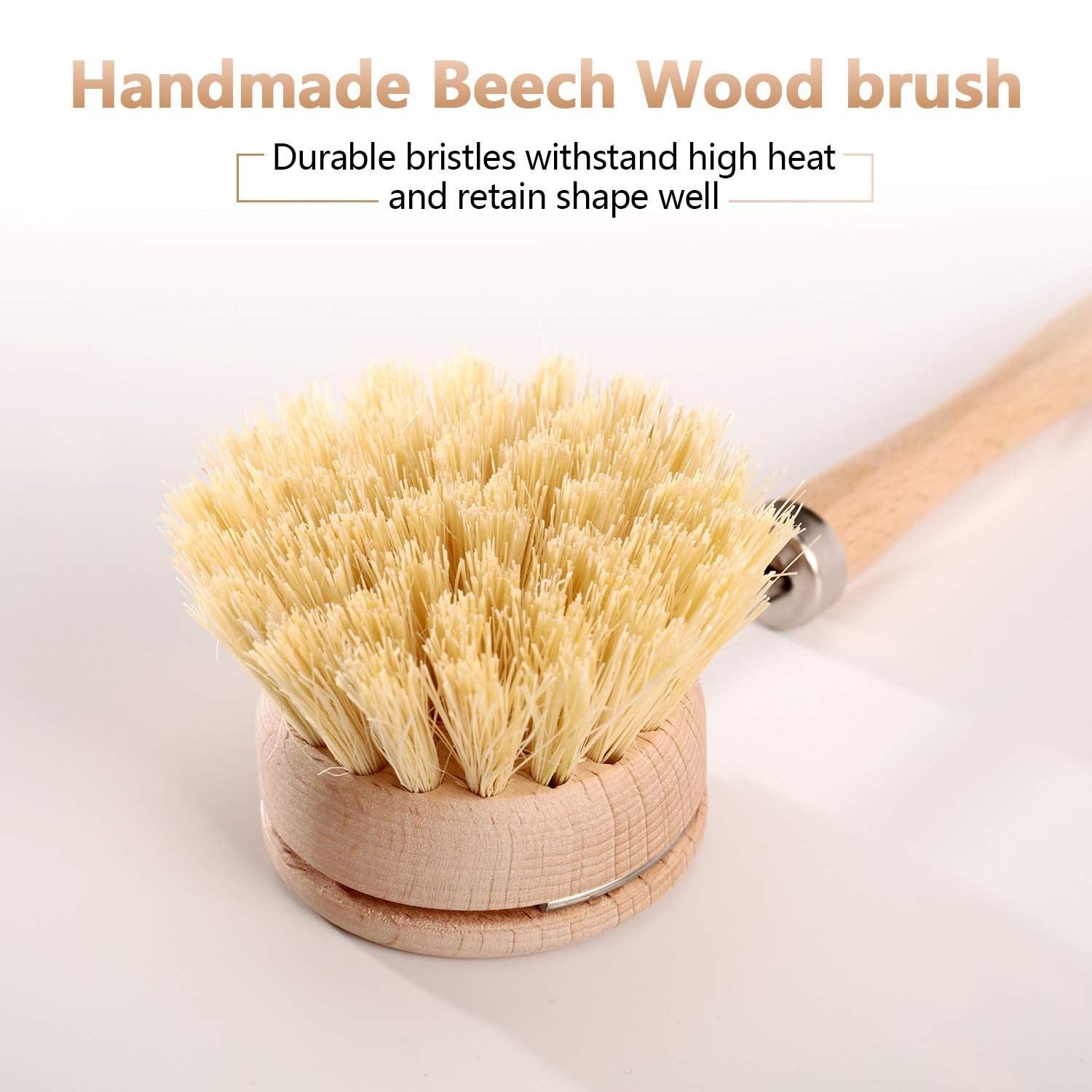 Long-Handed Pot Brush with Replaceable Heads, Natural Soft Bristles, Horsehair & Sisal, Coconut Palm Cleaning Tool, Solid Wood Handle
