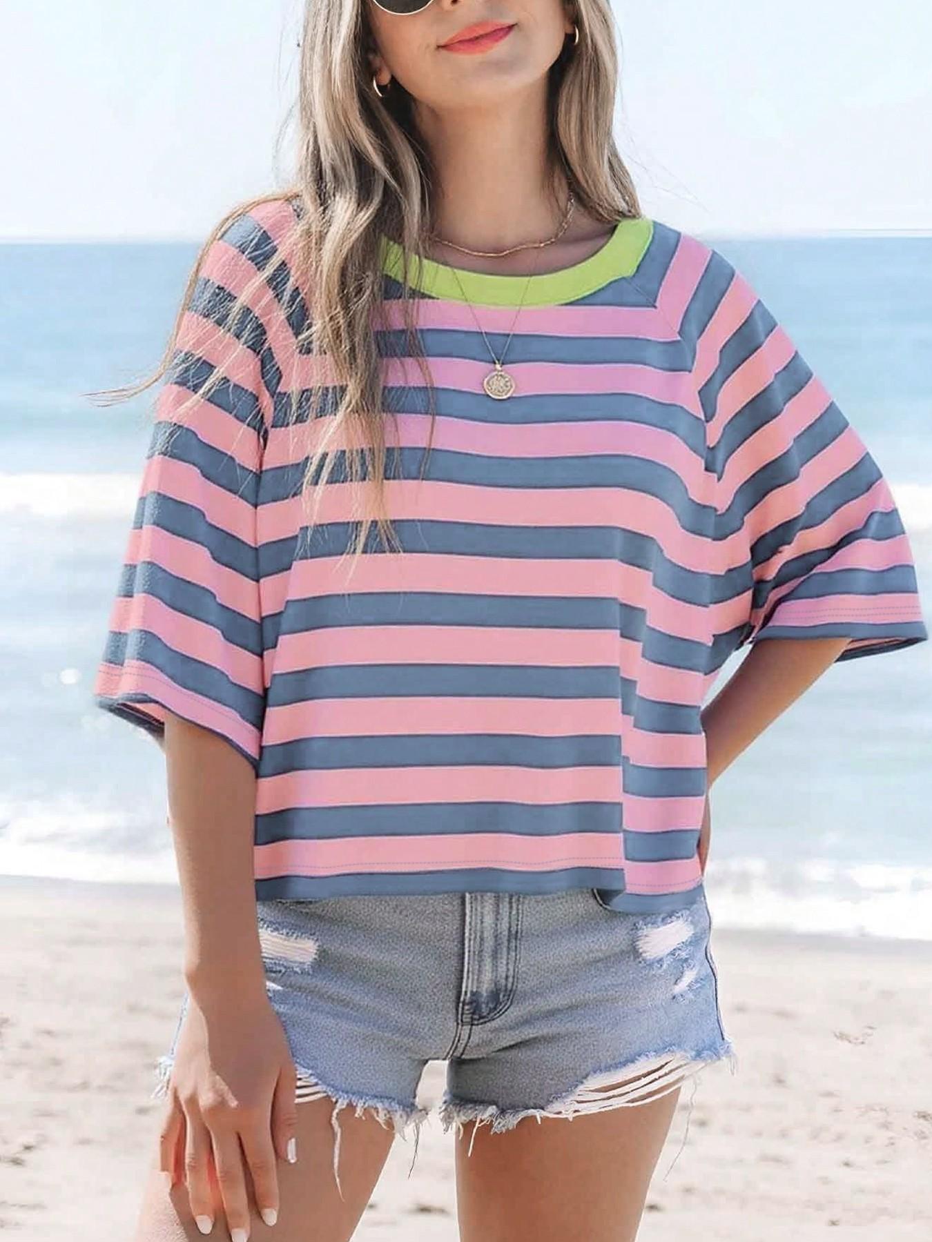 1 Piece Casual Minimalist Striped Pattern Round Neck Short Sleeve Loose Women's T-Shirt, Suitable For Summer, Oversized T Shirt
