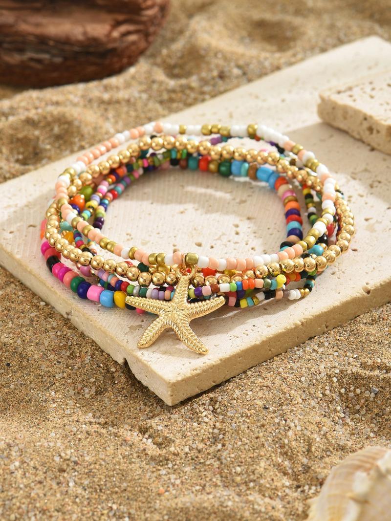Boho Style Starfish & Beaded Anklet, Fashionable Beaded Anklet for Women & Girls, Casual Trendy Body Jewelry for Party, Daily Decor for Birthday Gift
