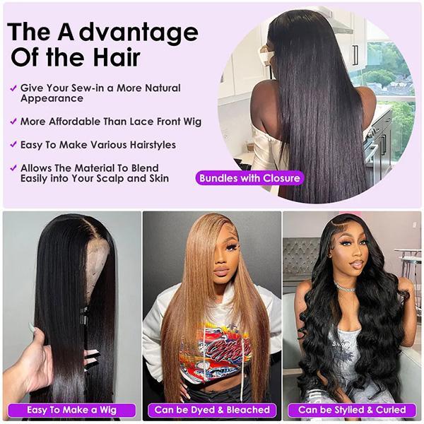 Silky Straight Human Hair Bundles 2x6 /4x4 Lace Closure With Bundles Straight Bundles With Closure 4x4 Inch Human Hair Bundles With Closure Virgin Human Hair Bundles with Closure Free Part Black Friday
