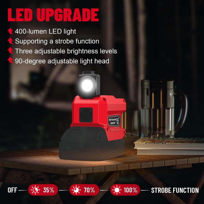 Azocek 220W Power Inverter for Milwaukee 18V & DeWalt 20V Batteries, DC to AC 110V Portable Power Station with AC Outlet, USB & Type-C Fast Charging, 400LM LED Light for Emergency Power & Outdoor Camping [Battery Not Included]