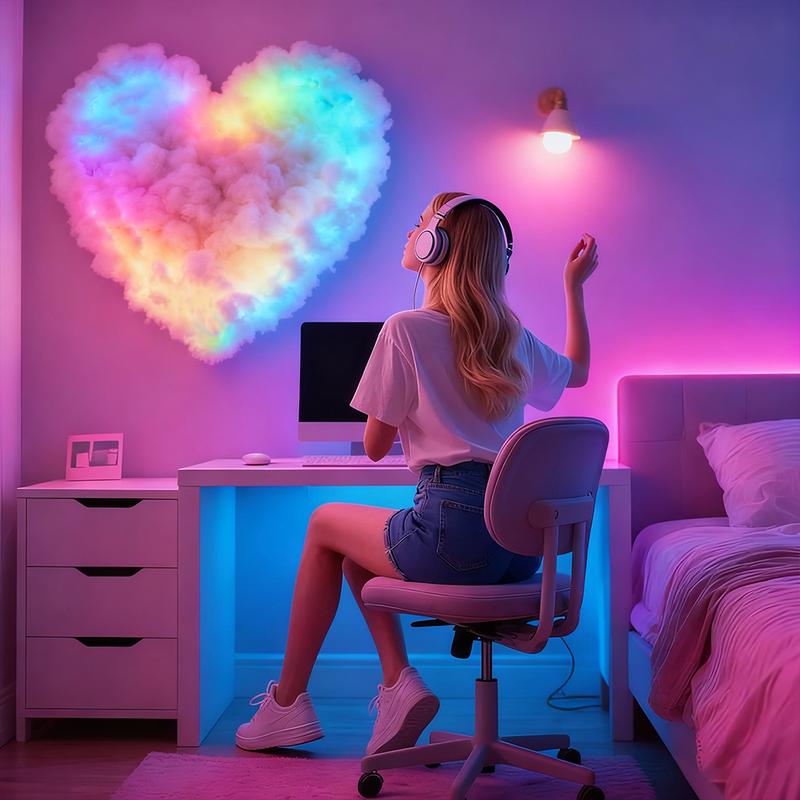 Valentine's Day Decorative Lights, Heart Cloud LED String, Music Sync Multi-Color Changing, USB Powered, Button Control, Perfect Gift, Party Decor