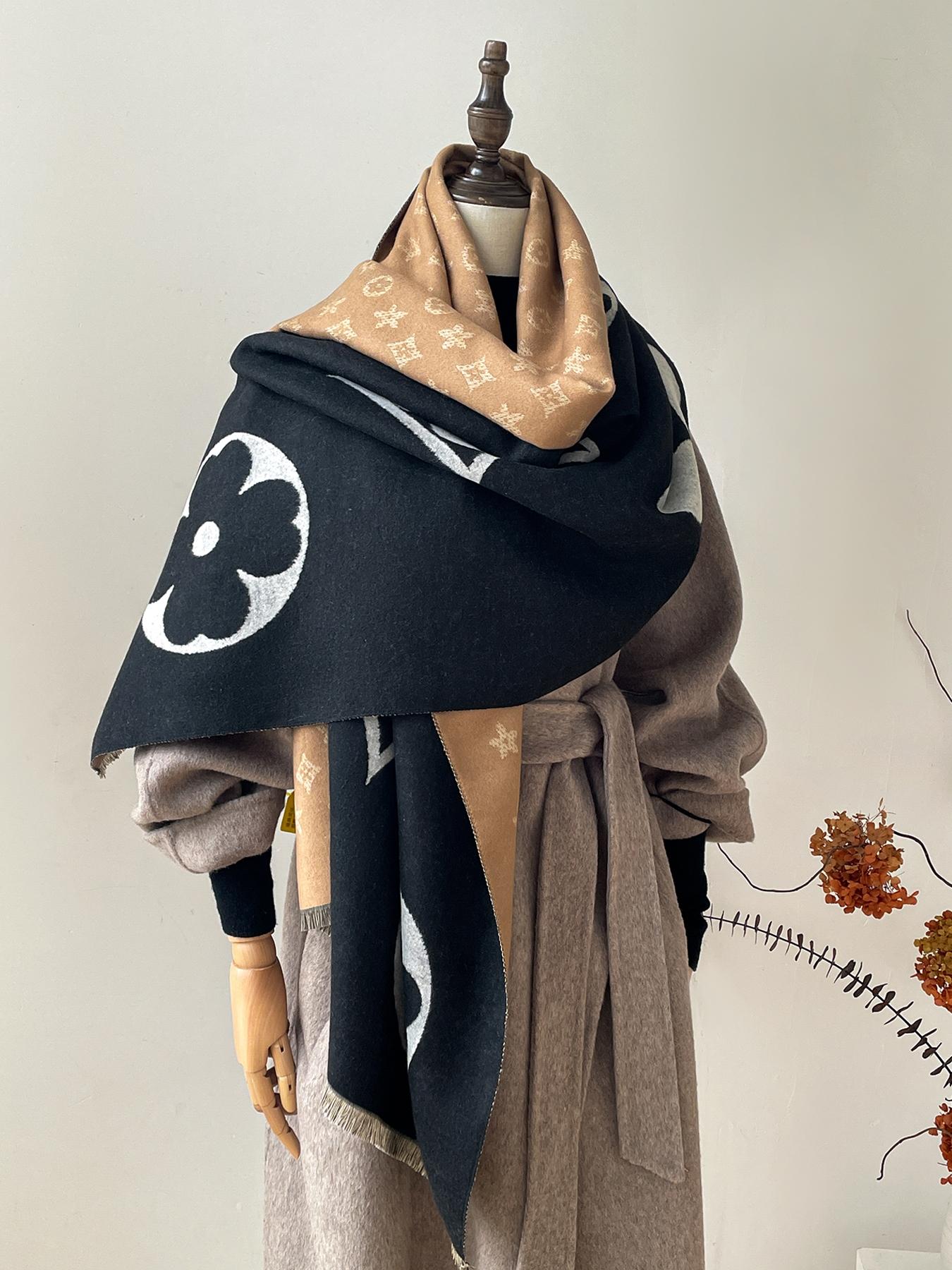 Boho Floral Pattern Imitation Wool Scarf for Women, Thick Soft Double-Sided Boho Style Shawl, Comfortable Design for Fall & Winter Daily Wear