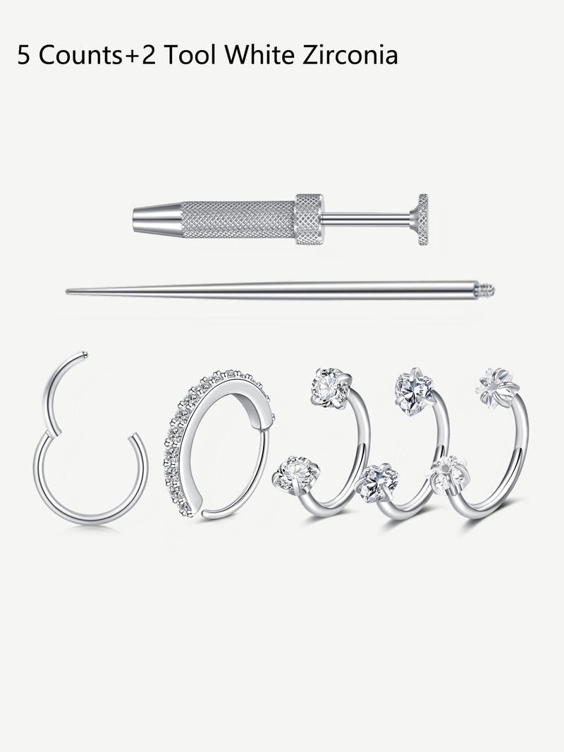 Cz Stainless Steel Nose Ring, Heart Design, 8mm Inner Threaded Hoop, Suitable for Cartilage, Tragus, Lobe, Lip Piercing Jewelry, Body Jewelry