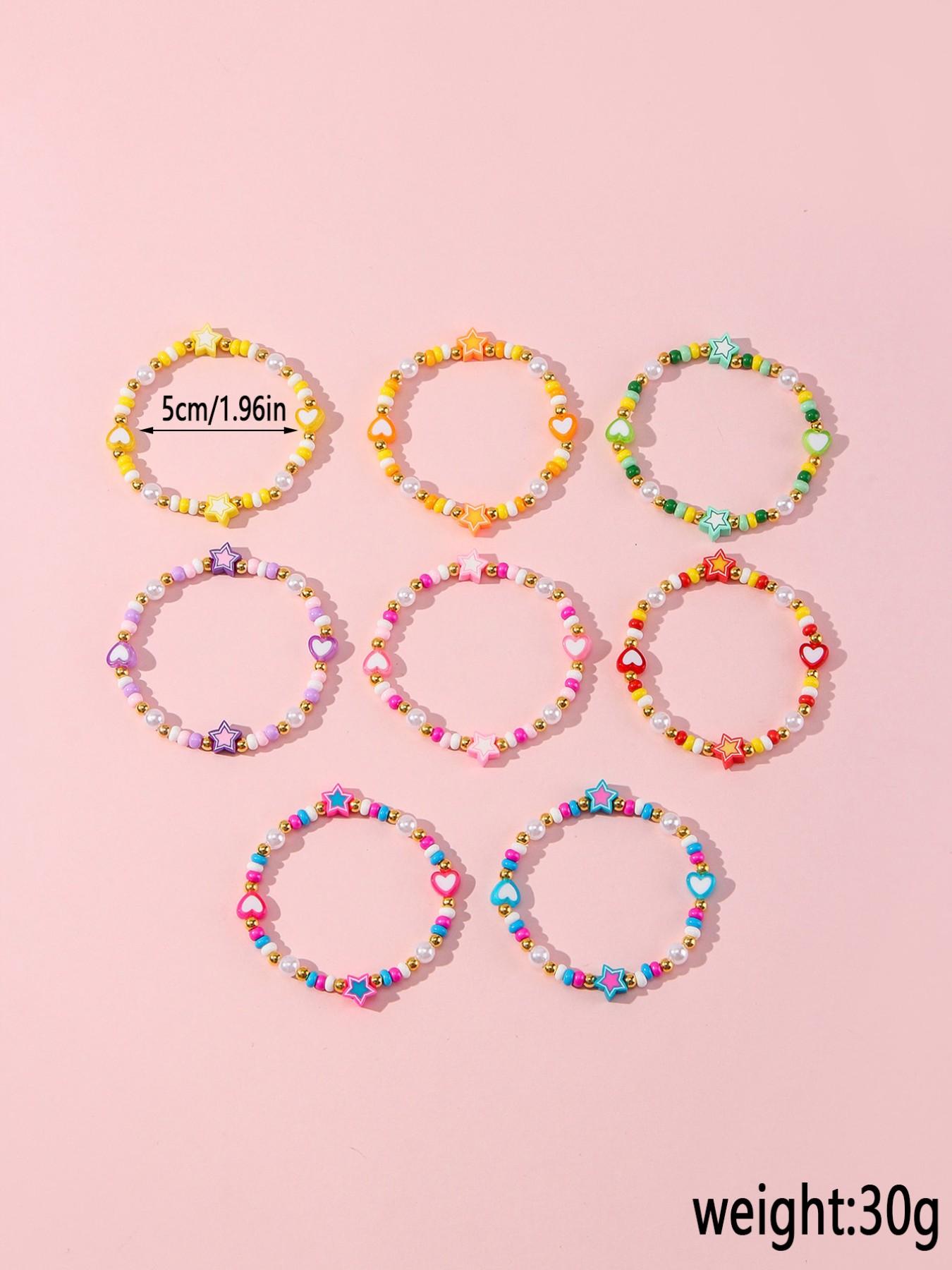 8pcs/set Multicolor Acrylic Heart Star Glass Pearl Beaded Bracelets, Girls' Party Gifts, All Seasons Fashion Accessories