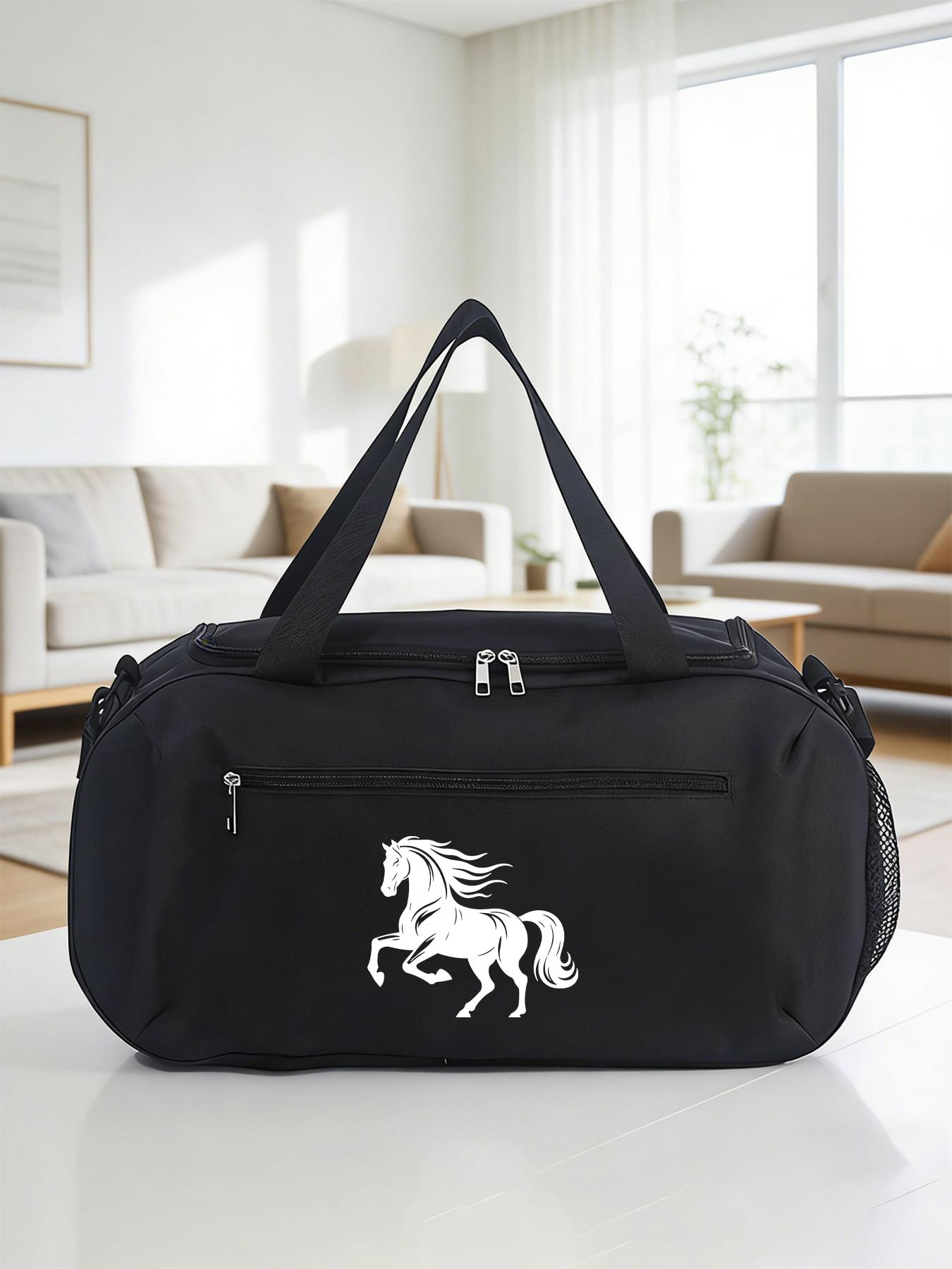 Steed Print Large Capacity Sports Gym Bag, Dry-wet Separation Storage Luggage Bag, Hand & Crossbody Travel Bag with Side Mesh Pocket. Unisex bag for training and short business trips, perfect gift for men.