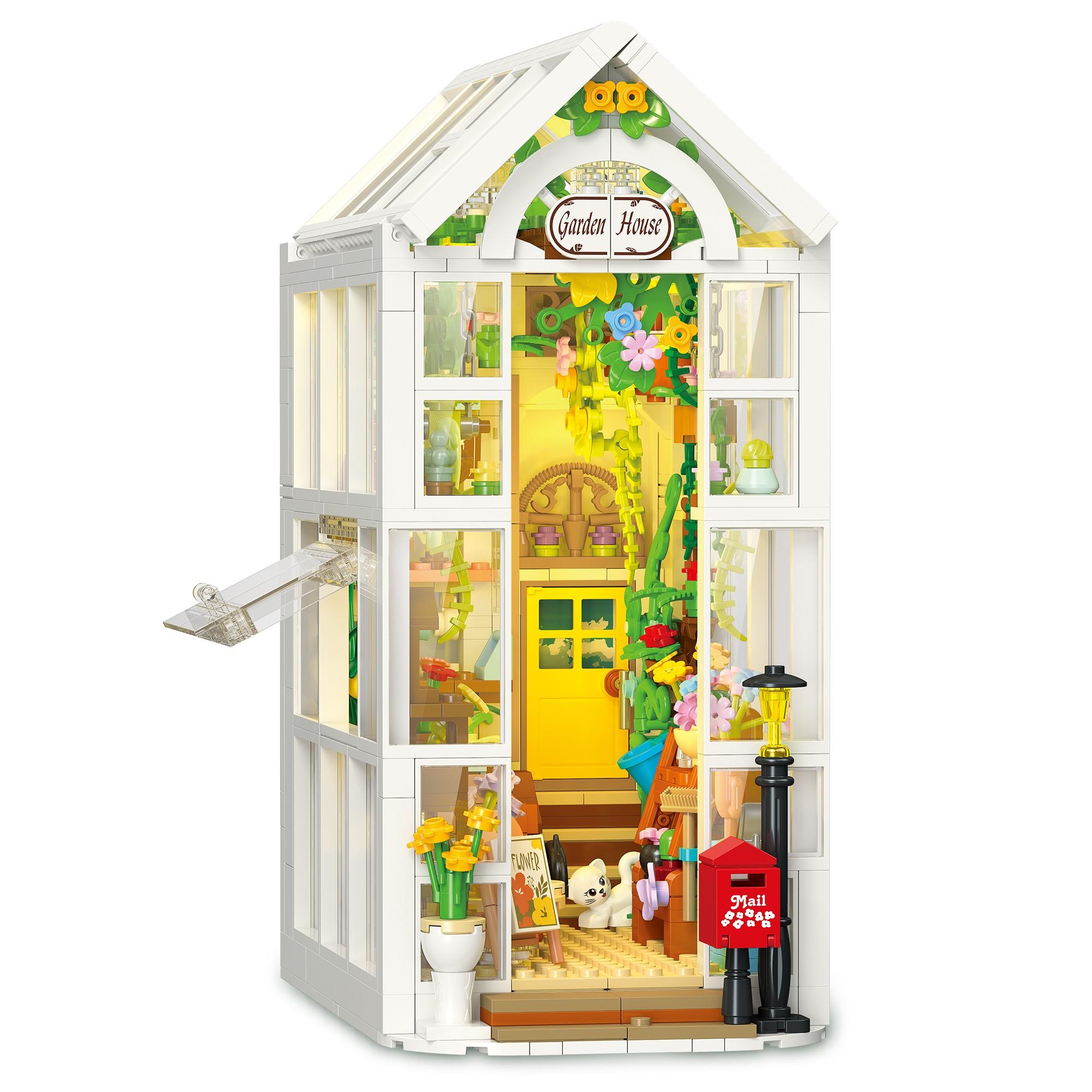 Jx Building Blocks Flower House Greenhouse Book Stand, Miniature Lighted Home Desktop Decor, Kids DIY Craft Toy (with Lights, 919pcs)