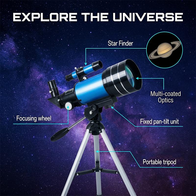 15x–150x Zoom Telescope (70mm/300mm), an entry-level stargazing telescope designed for beginners and STEM education. Perfect for outdoor group observations, and an ideal holiday gift for family and friends during back-to-school and graduation seasons.