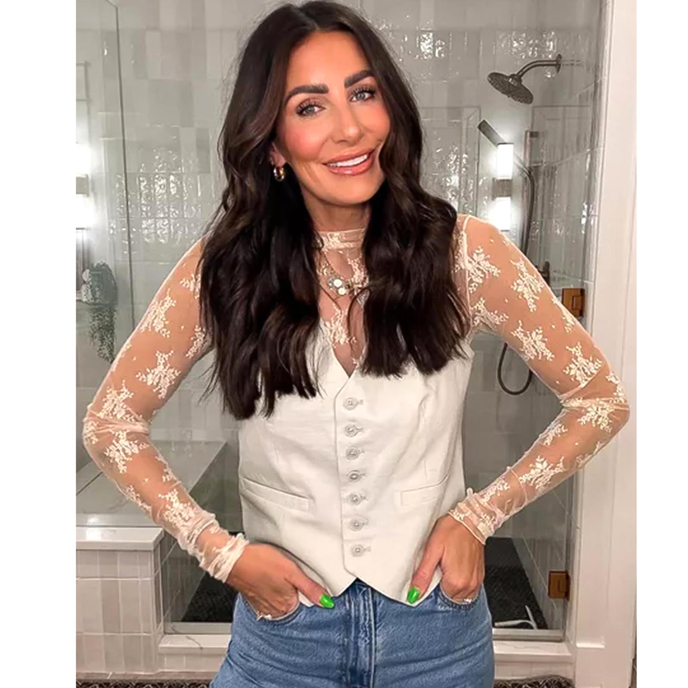 Buenoble Womens Mesh Long Sleeve Tops Crew Neck Sexy See Through Lace Sheer Floral Blouse for Party Club Night Out SpringStatements