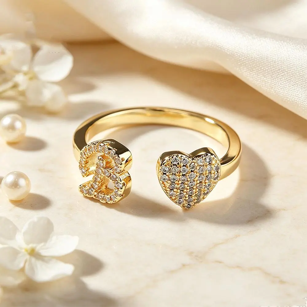 14K Gold Plated Initial Rings, Personalized Open Adjustable Heart Cubic Zirconia Letter A-Z Rings, Trendy No Tarnish, Alphabet Name Jewelry Birthday Gifts Daily Vacations, Party Wear, Rings