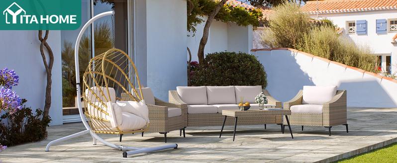 Yitahome Wicker Swing Egg Chair with Cushions 350lbs, Foldable Hanging Basket Chair W/Stand Rattan Hammock Chair for Outdoor, Indoor, Patio, Bedroom - Grey/Beige