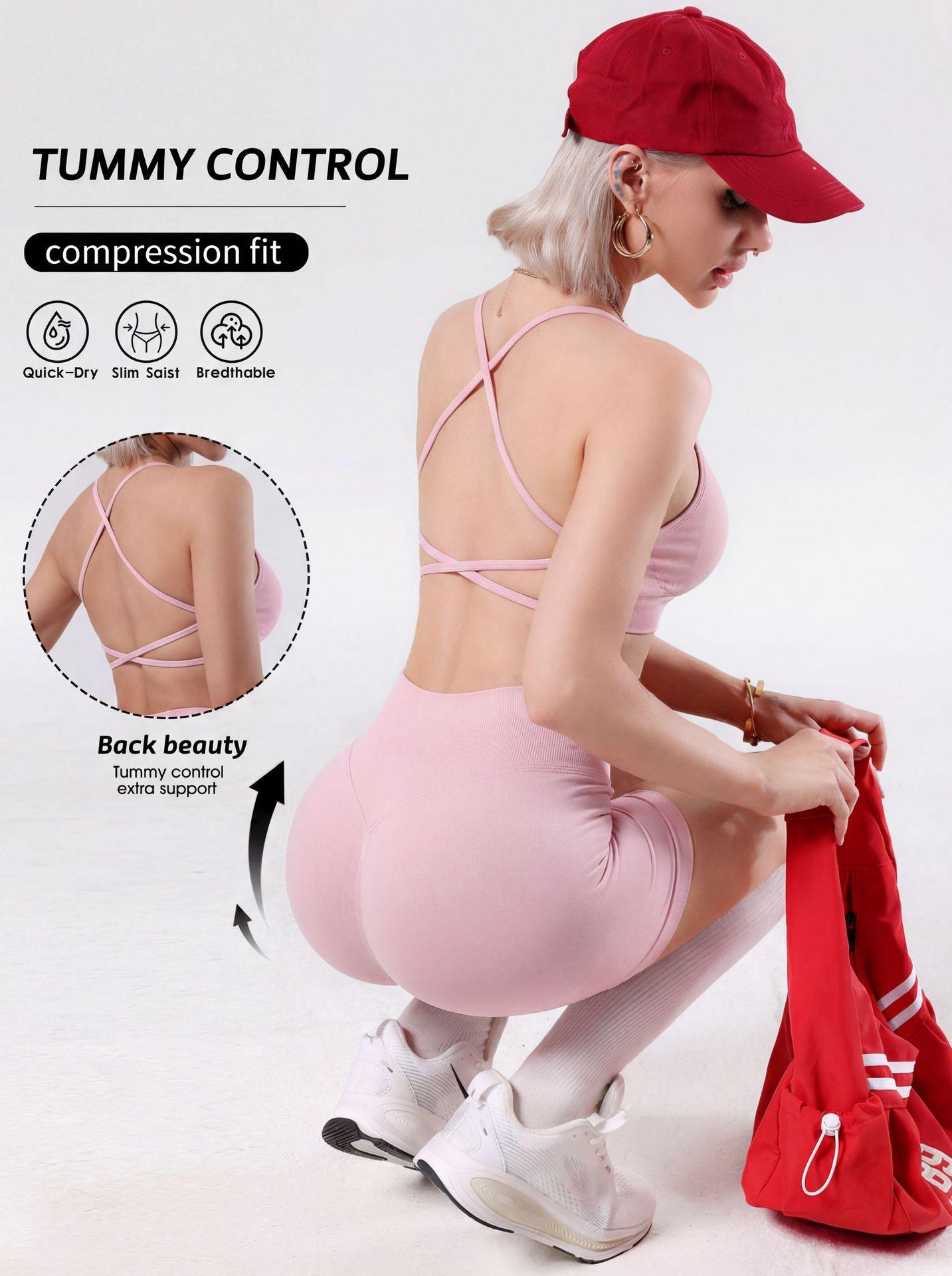 Women's 2-Piece Sporty Sports Underwear Set, Cross-Suspender Beauty Back Yoga Bra, High-Waist Belly & Hip-Lift Fitness Biker Shorts for Yoga, Fitness