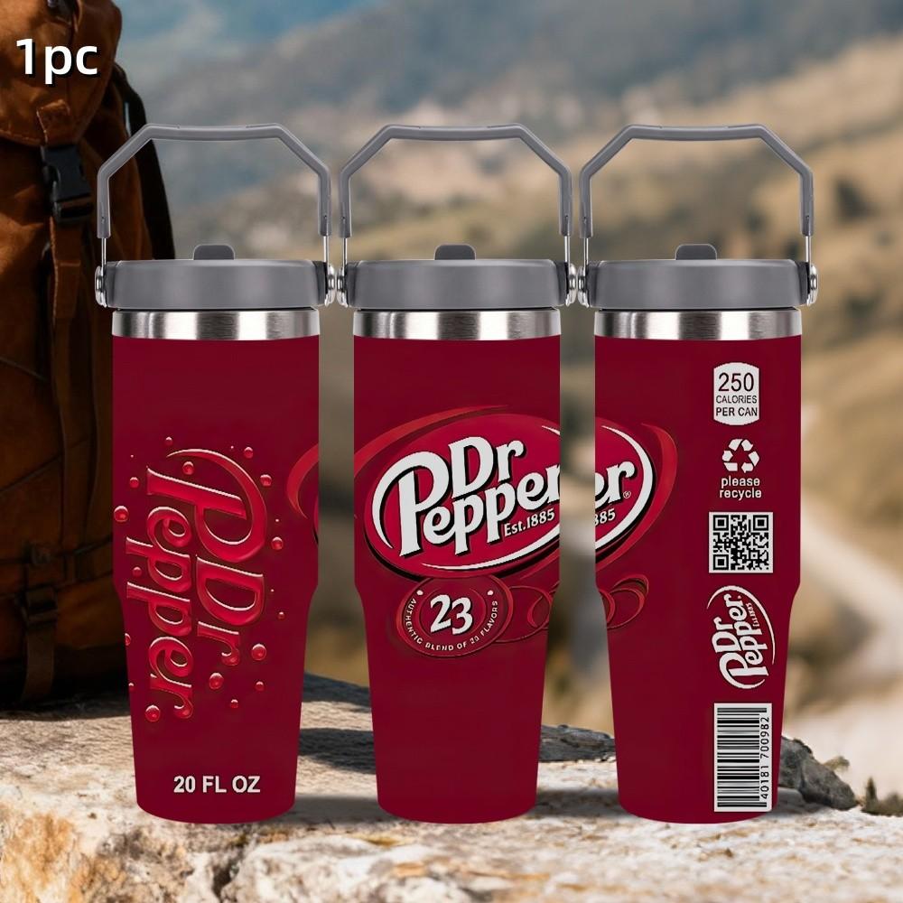 1pc 30oz Portable stainless steel insulated cup, Leakproof Insulated Tumbler, Dr Pepper Theme Car Travel Tumbler with handle and straw, leak-proof lid, school travel cup, insulated coffee cup, Home Office Car Accessory, Holiday Gift