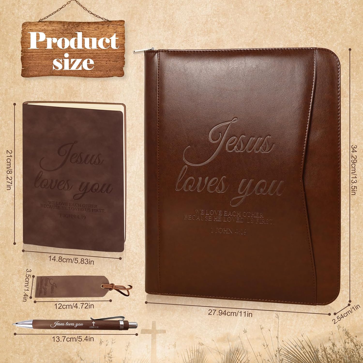 4 count Christian Gifts for Men Pastors Appreciation Leather  Portfolio Scripture Notebook Bookmark Pen Religious Present Pastor Kit Supplies Accessories, ' loves you' Church Notes Journal