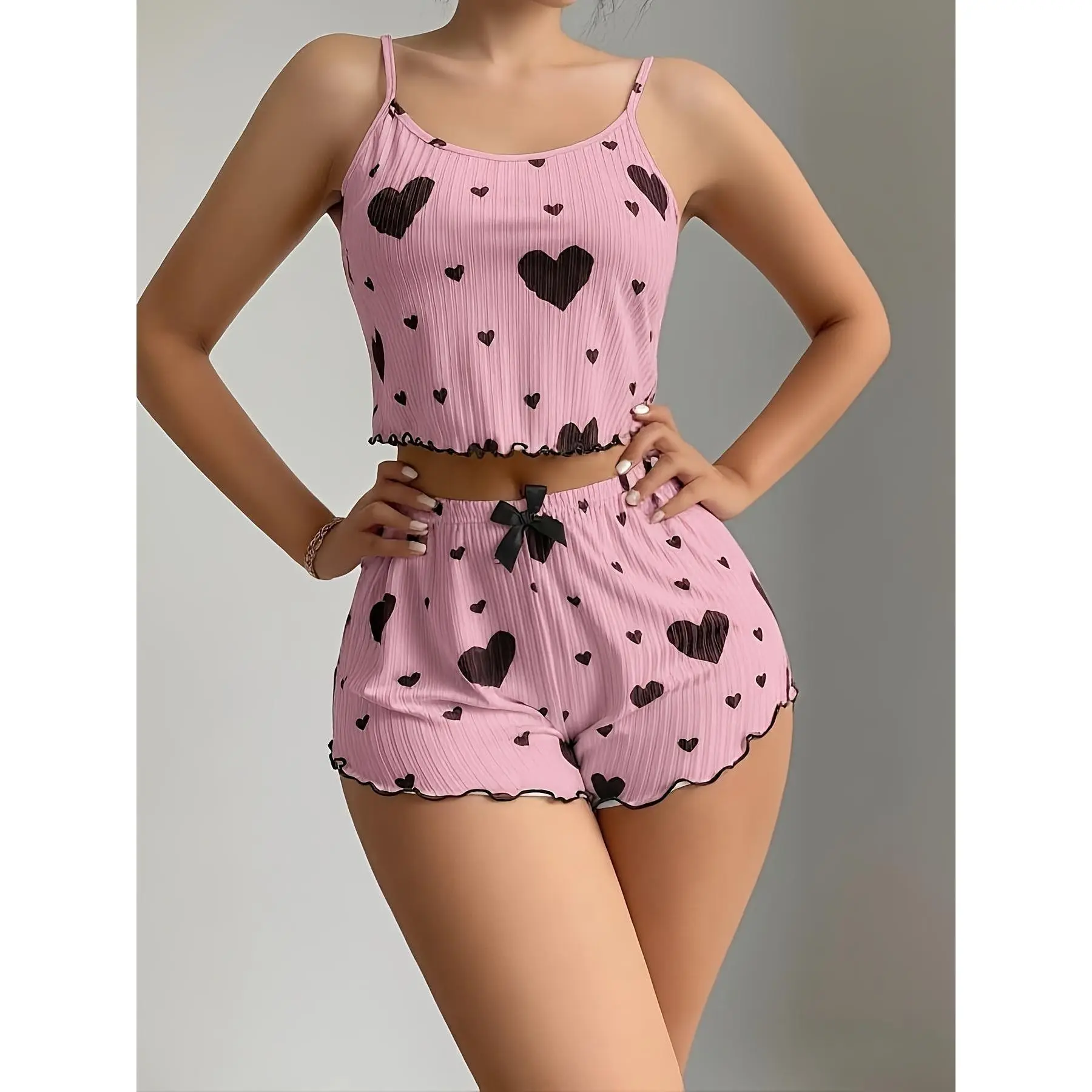 Ladies pajama set love pattern soft and comfortable pajamas with pants suspenders,Knit Fabric,New Summer Thin Pajamas Solid Color Polyester Leisure Suit Homewear Set Sling Shorts Ladies