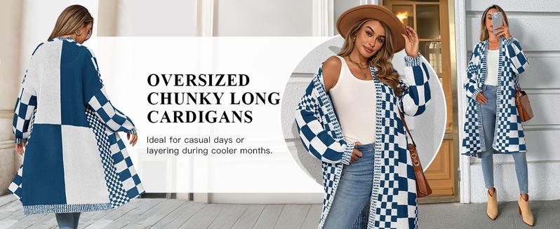 FMEYOA Womens Checkered Sweater Color Block Plaid Cardigans Oversized Long Sleeve Knit Open Front Coats
