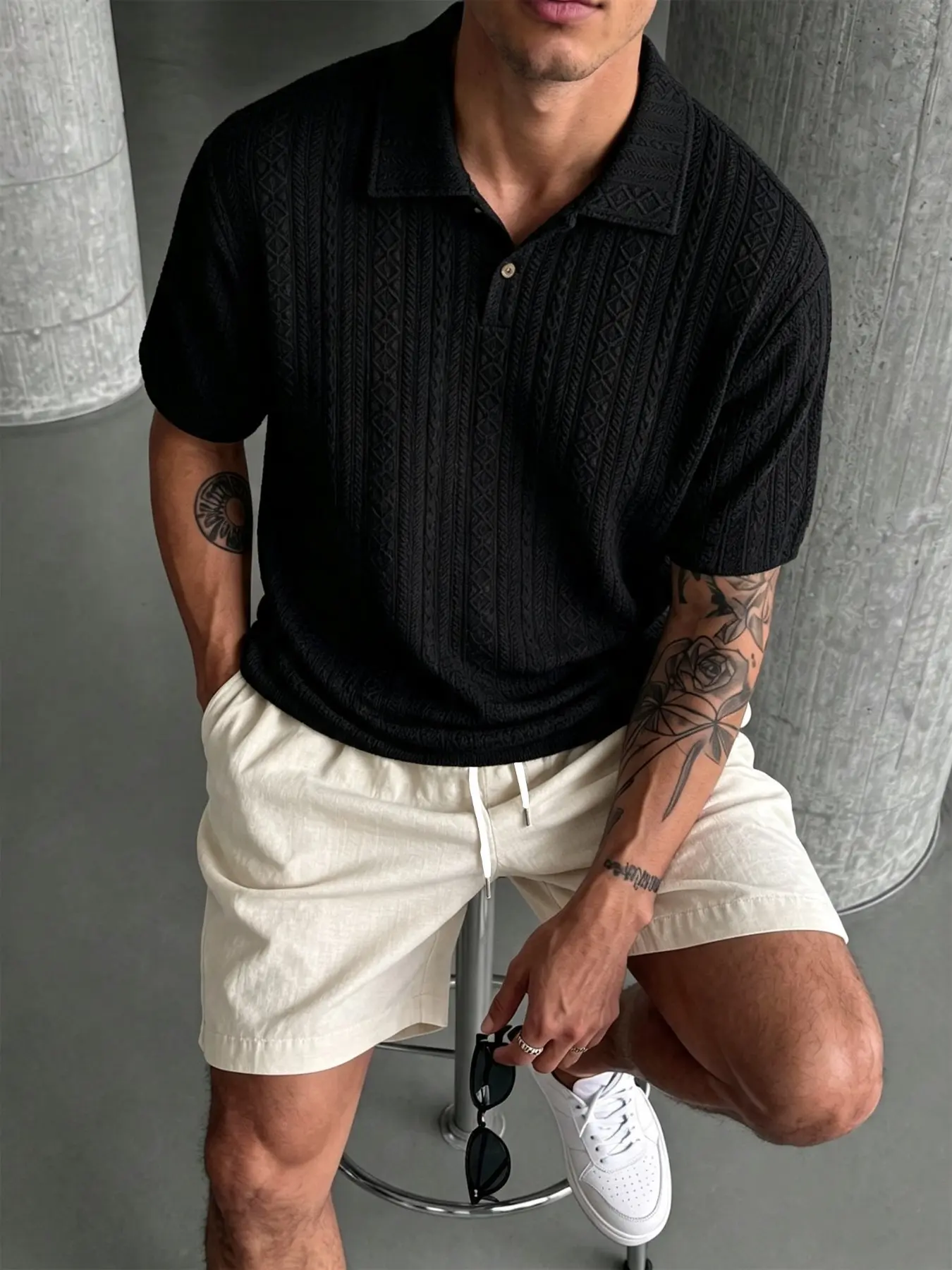 Men's 2-Piece Classic Textured Knit Polo Shirt & Casual Shorts Set, Menswear for Summer Tropical Beach Vacation, Daily Leisure Outfit