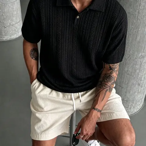 Men's 2-Piece Classic Textured Knit Polo Shirt & Casual Shorts Set, Menswear for Summer Tropical Beach Vacation, Daily Leisure Outfit