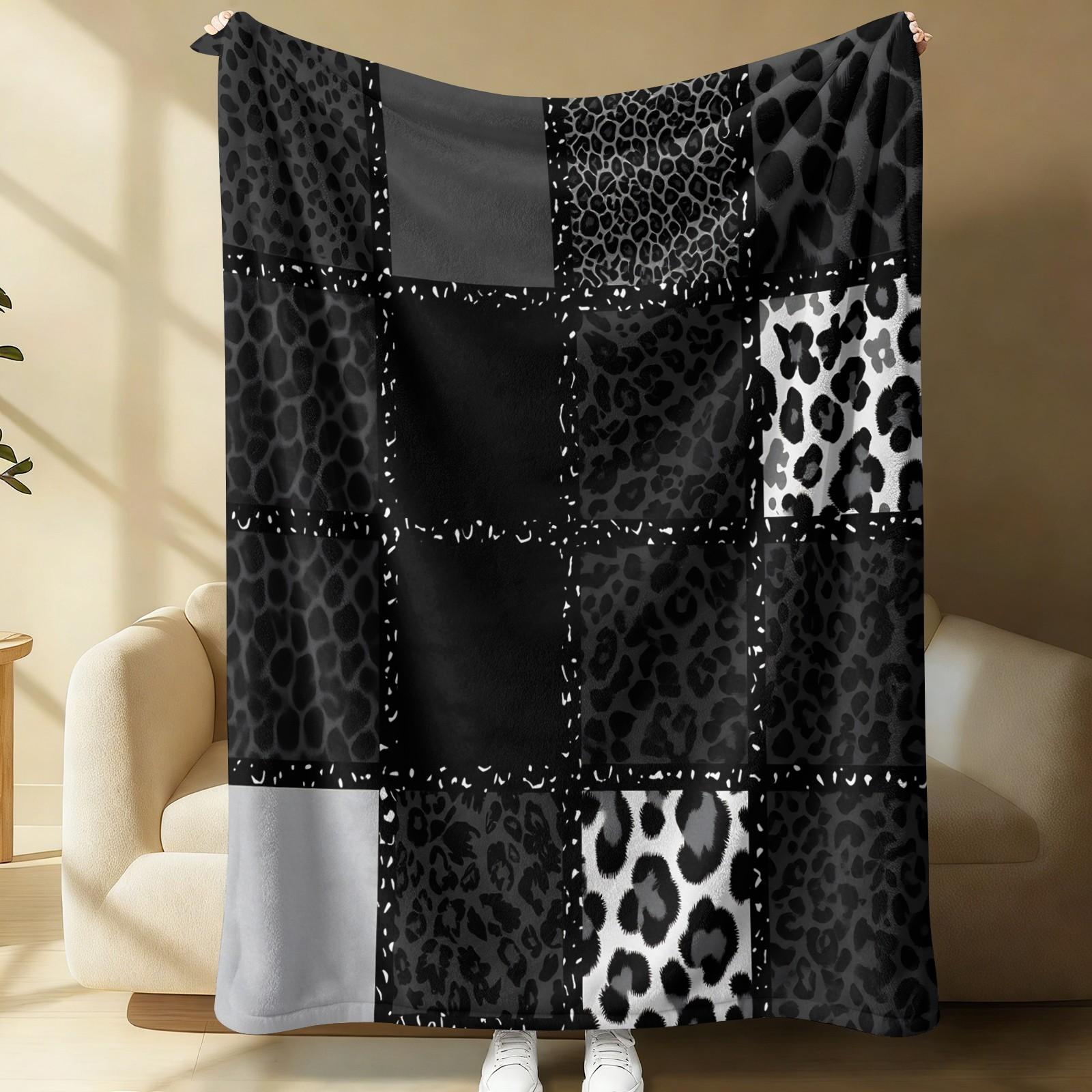 Dark Y2K Leopard Spliced Print Flannel Throw Blanket, Lightweight, Soft And Breathable, Cozy Throw Blankets. Black-Gray Cheetah Print Works For Sofas, Dorms, Travel And Camping. Delivers Cool Personal Charm, Trendy All-Season Blanket