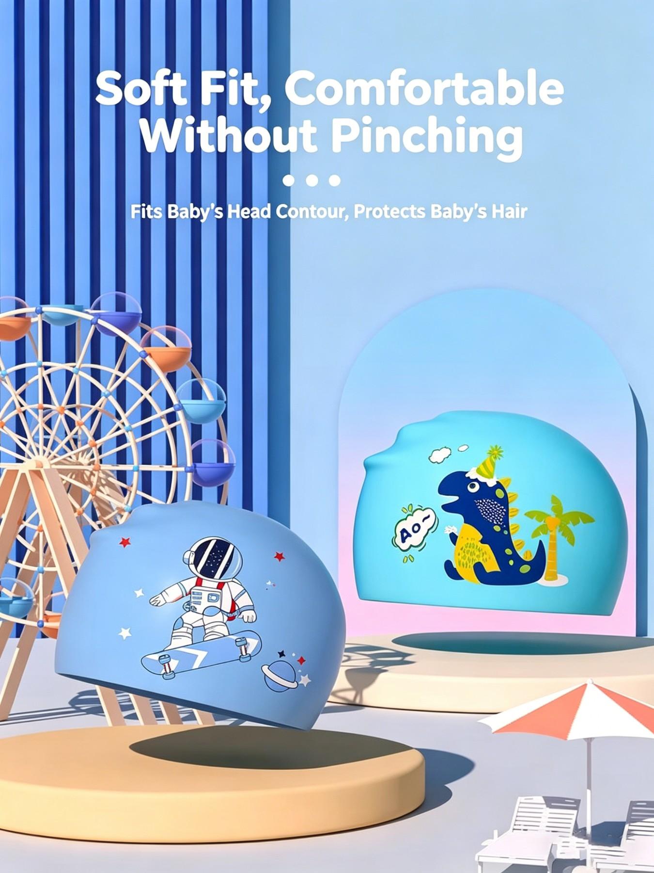 Silicone Swim Cap, Waterproof, Non-Irritating, Unisex, Large Size, High Elasticity, Cartoon Swan Print, Ideal for Boys and Girls