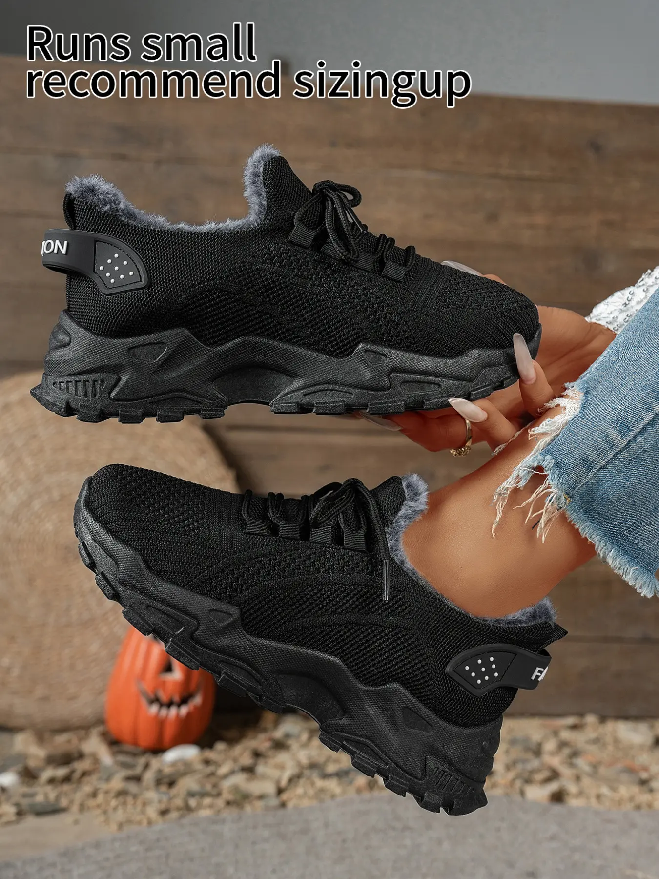 Women Fleece Lined Lace Up Chunky Sneakers, Knit Upper Fur Collar Platform Dad Shoes, Serrated Thick Sole Fashion Trainers, Multicolor Winter Casual Footwear for Daily Commute, Street Styling, Outdoor Wandering, Holiday Travel & Autumn Winter Daily Matchi
